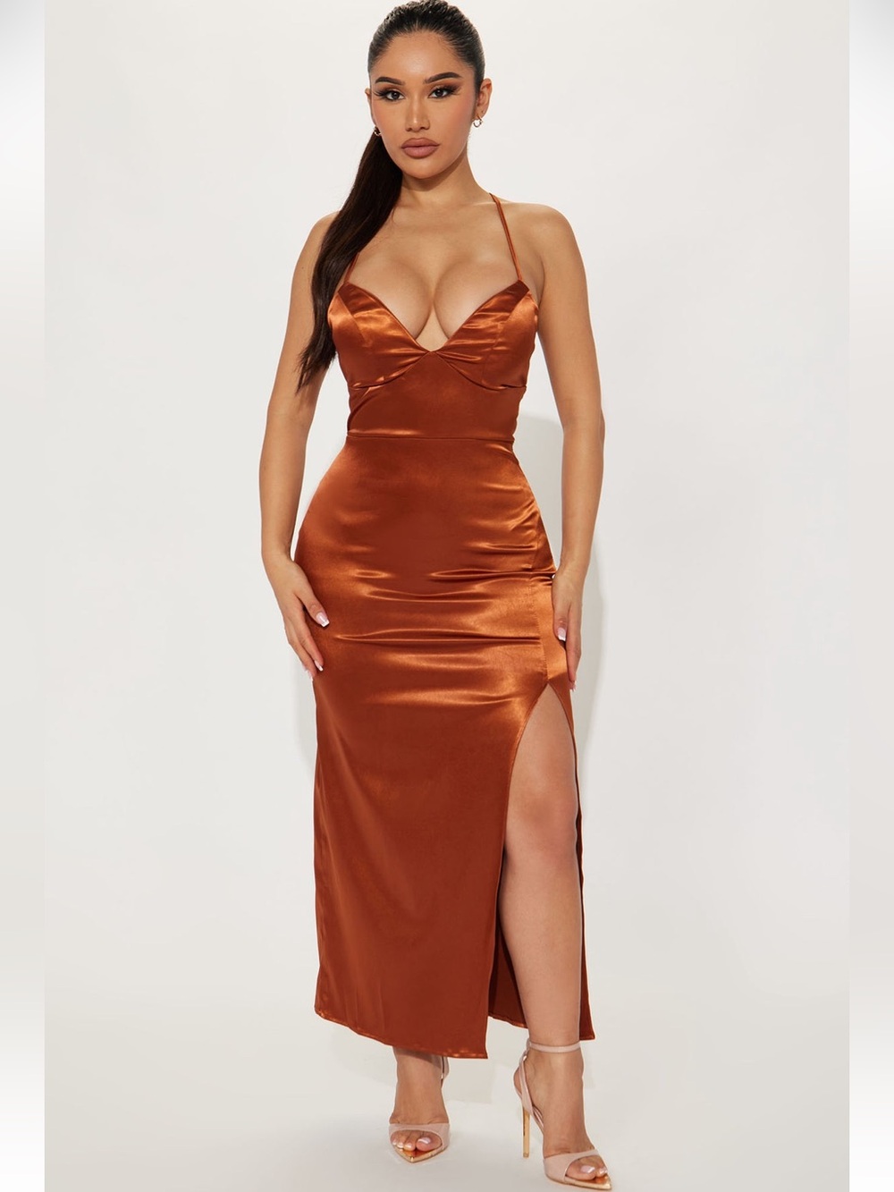 Women’s Fashion Nova Stella Satin Midi Dress Cognac Size Large 11/13 BNWT
